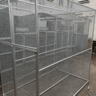 Brand new anodized aluminium double sided aviary never been used before Length=2meter 1 inch Height =2meter 1 inch Width of each aviary=2feet 1 inch Width of the total aviary =4foot 2 inches Middle divider could be permanently removed to make it one big cage, Based in Naas Co,Kildare can deliver for an extra fee These cages are built to last